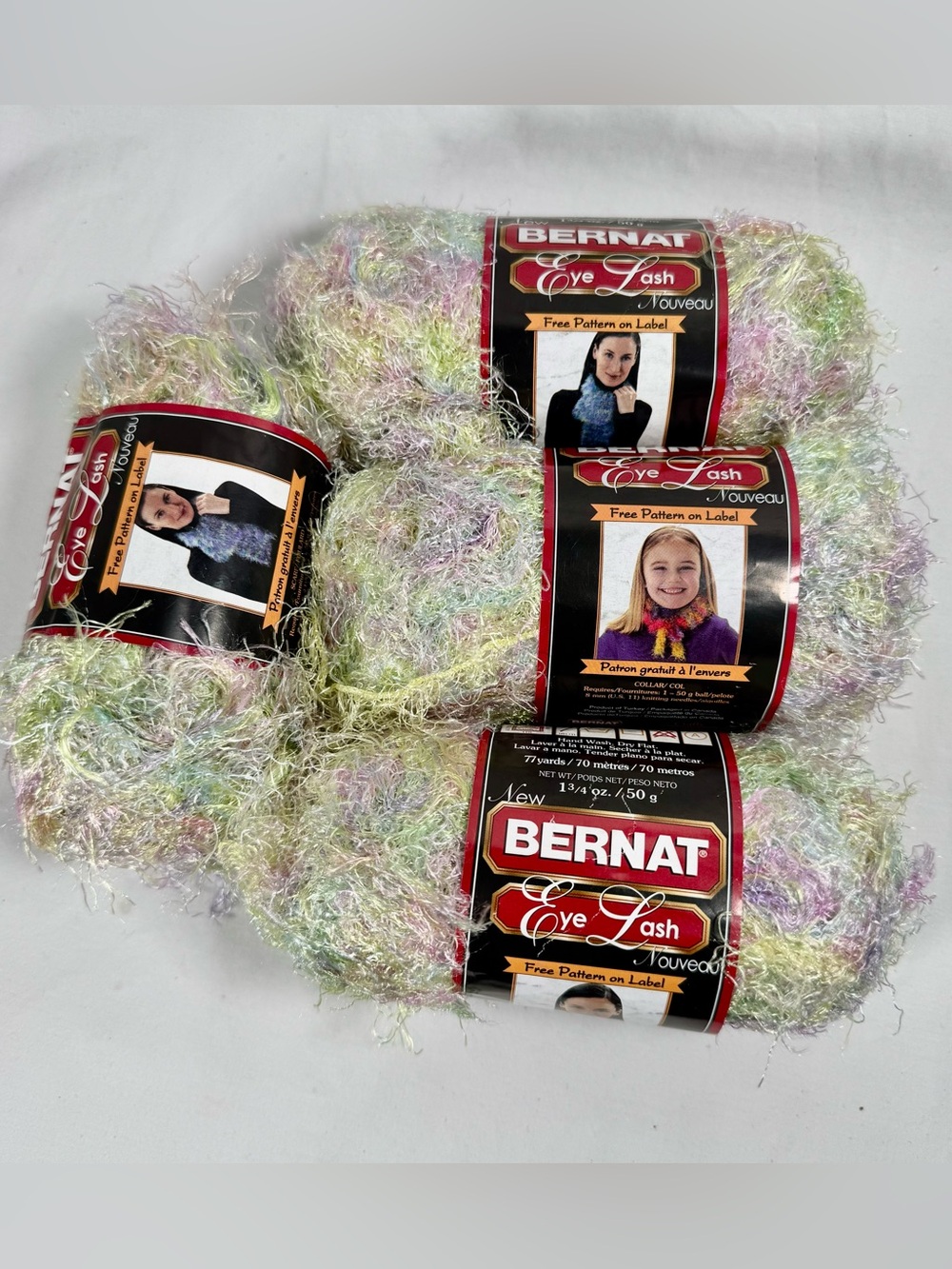 Bernat Eye Lash Yarn, Lot of 4 Skeins, Wink (Pastel Multicolour) 100% Nylon